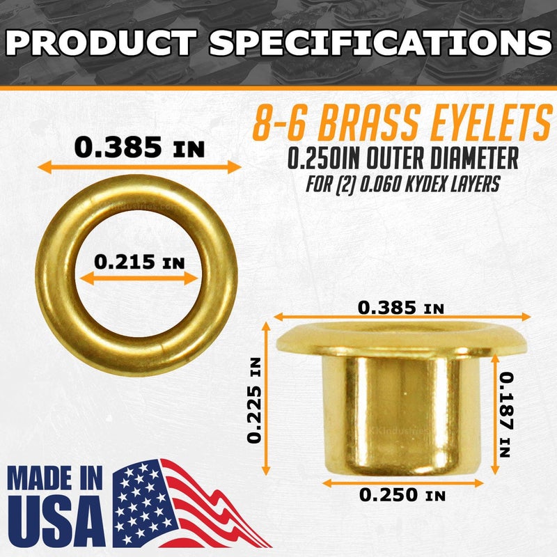 Holstex [100 Pack] HolsterSmith Polished Brass Eyelets - (#8-6 Length) - (1/4 in. Diameter) - (USA Made) - Rivets for DIY Kydex Holsters, Leather Shoes, and Canvas Cloth - Image 3
